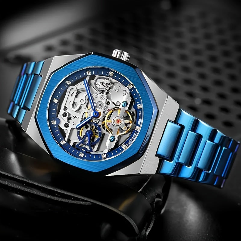 Stylish Men's Automatic Mechanical Watch with Hollow Design - Luxury Rhinestone-Encrusted, Stainless Steel Band, Perfect Gift for Him