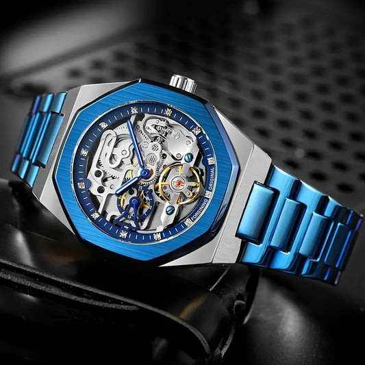 Stylish Men's Automatic Mechanical Watch with Hollow Design - Luxury Rhinestone-Encrusted, Stainless Steel Band, Perfect Gift for Him