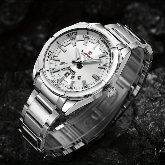 Naviforce Men's Stainless Steel Quartz Watch with Weekly Calendar - Sporty, Water-Resistant 30m