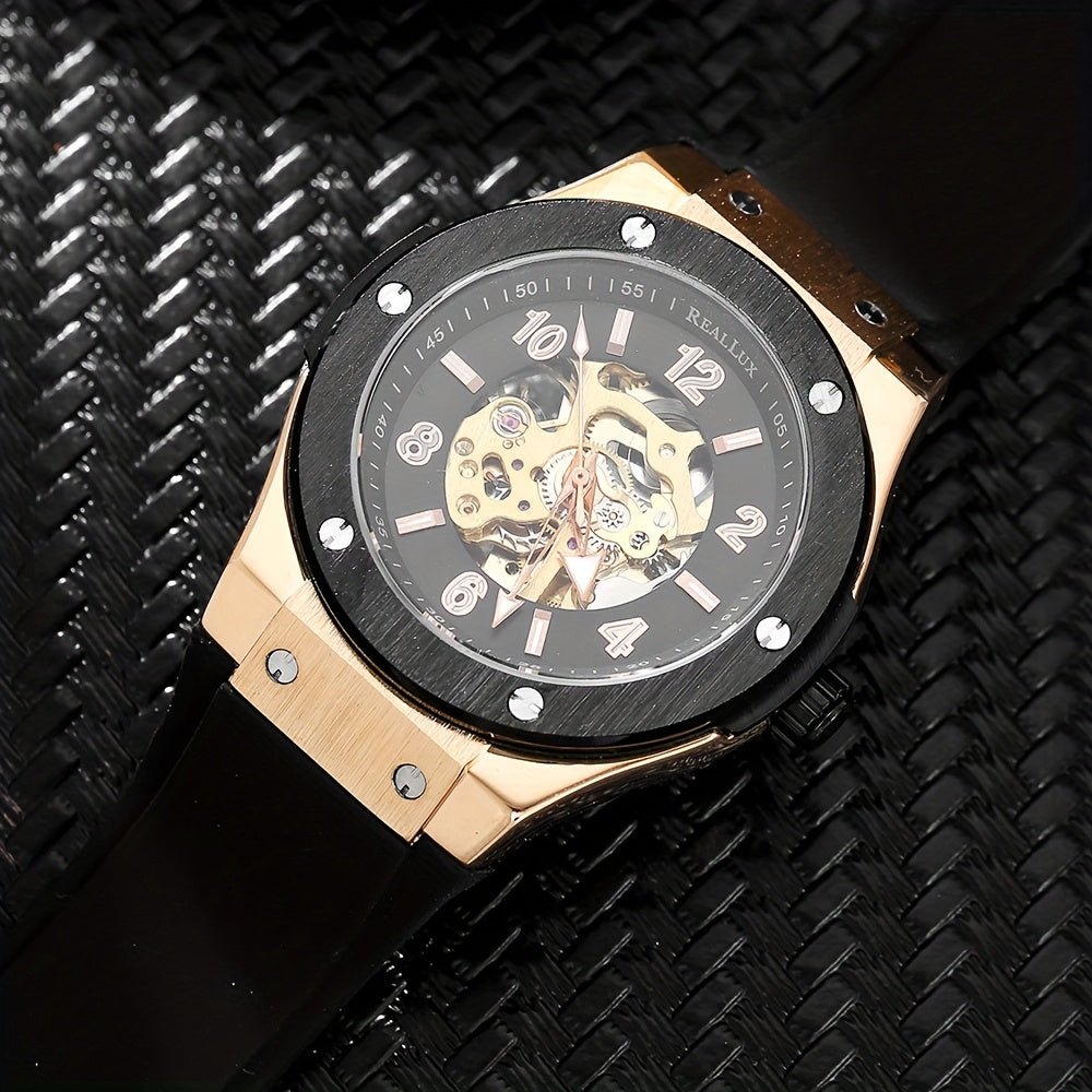 REALLUX Men's Luminous Mechanical Watch - Sporty Rose Golden & Black with Silicone Strap, Stainless Steel Transparent Case, 10m Water-Resistant, Automatic Self-Winding - Ideal Birthday Gift for Him